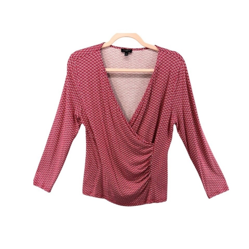 Talbots Shirt Womens MP Petite Faux Wrap Red Geometric Ruched Surplice‎ V-Neck